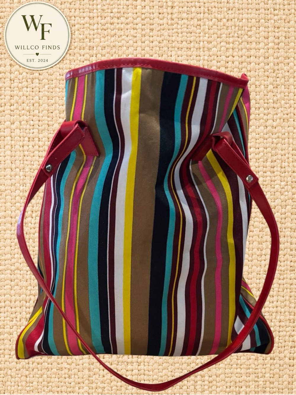 Lancôme Multicolor Striped Canvas Tote Bag Red Handles Large Travel Beach Bag